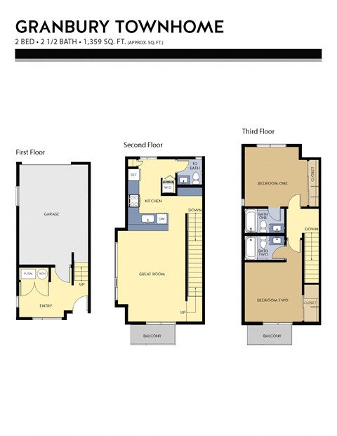 Floor plan for 2 beds, 2.5 baths, 1359 sqft
